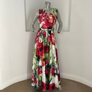 Tahari Arthur S. Levine Lime Fuchsia Bouquet Maxi Dress Sleeveless Size 8 NWT